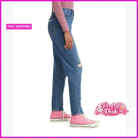 High Waisted Mom Jeans, Tapered Leg, Non-Stretch Cotton Blend